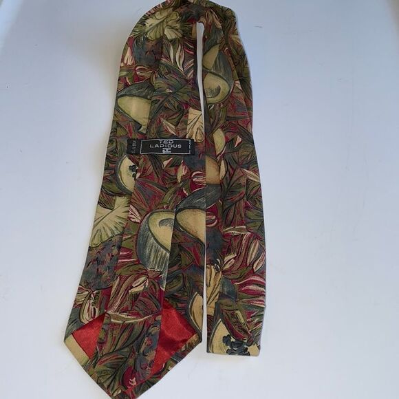 Vtg 80s/90s Ted Lapidus green, maroon, blue & cream floral silk tie - Picture 3 of 5